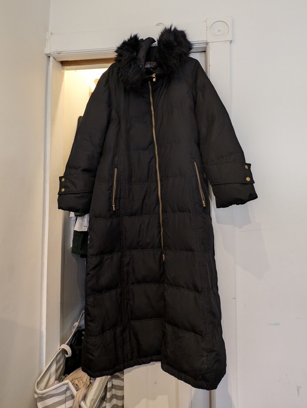 Calvin Klein Black Long Faux-Fur Trim Puffer Coat
